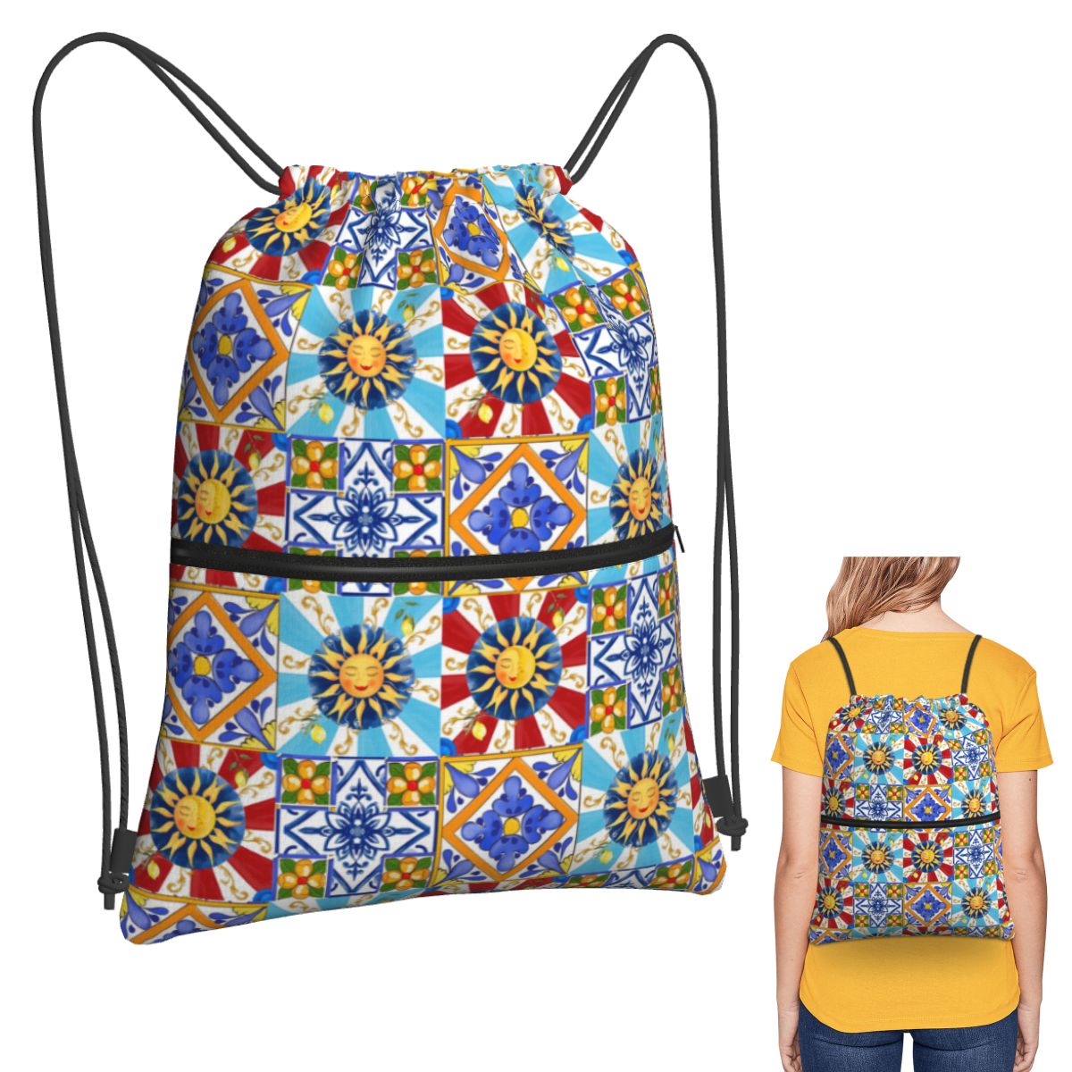 Tile Bag Drawstring - Sicilian Tiles,sun,half Moon,mediterranean Style,lemon Art Backpacks