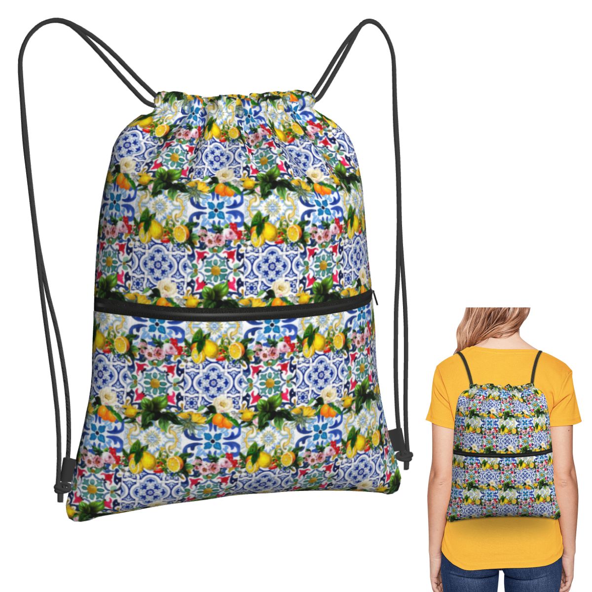 Tile Bag Drawstring - Sicilian Tiles,mediterranean,mosaic,lemons Backpacks Casual Portable Drawstring