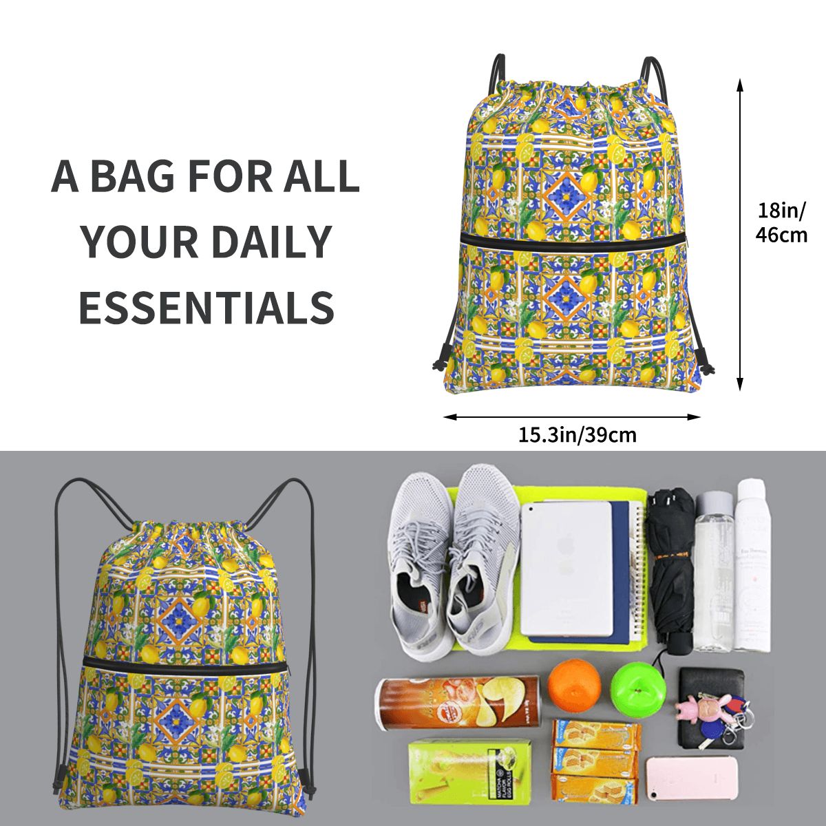 Summer ,Sicilian Tiles ,citrus - Tile Bag Drawstring recensione e prezzo