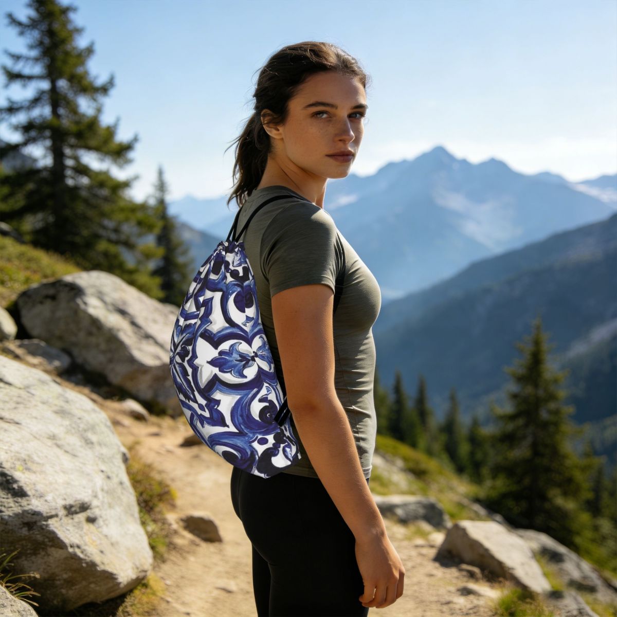 Blue Ornate Floral Mediterrane - Tile Bag Drawstring recensione e prezzo