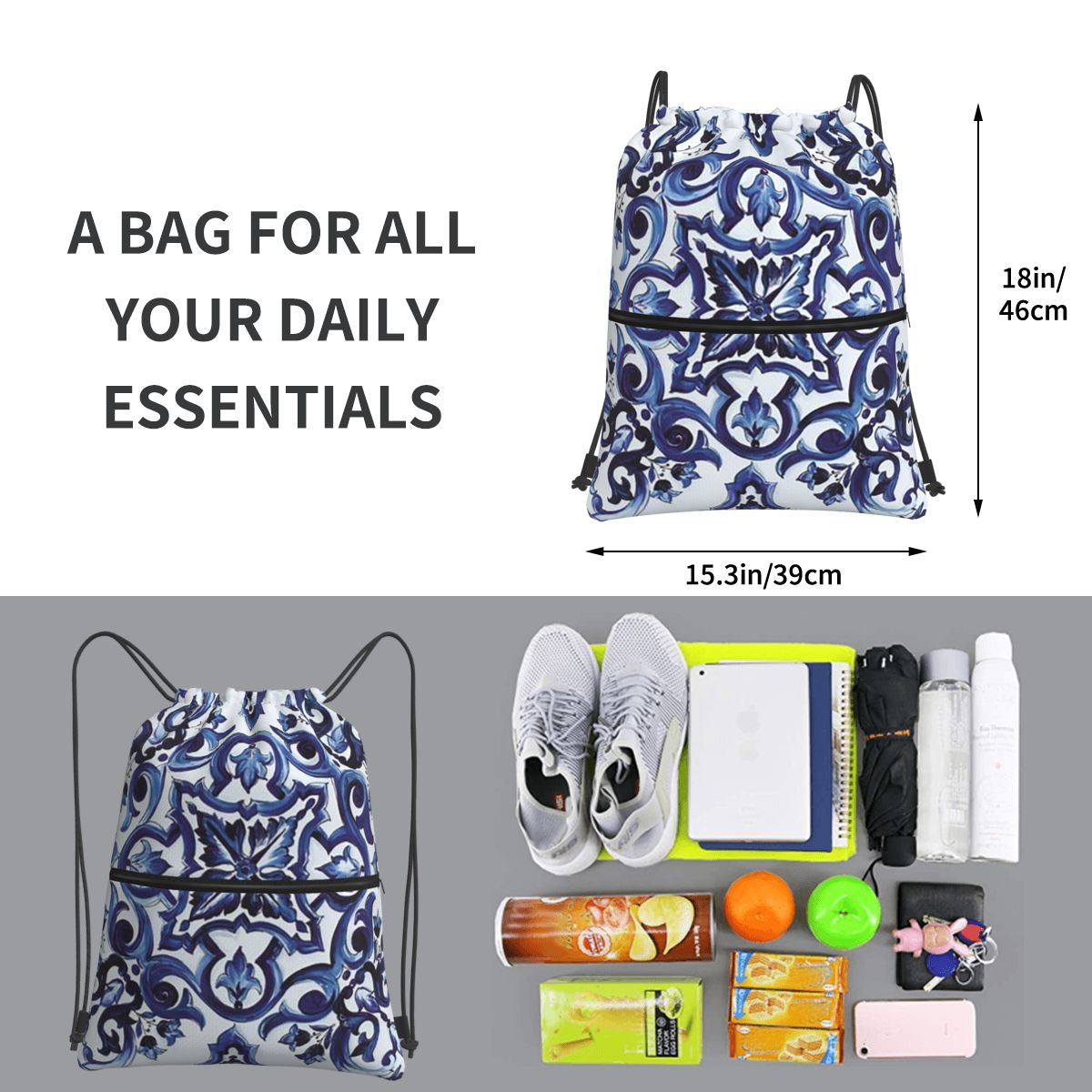 Blue Ornate Floral Mediterrane - Tile Bag Drawstring recensione e prezzo