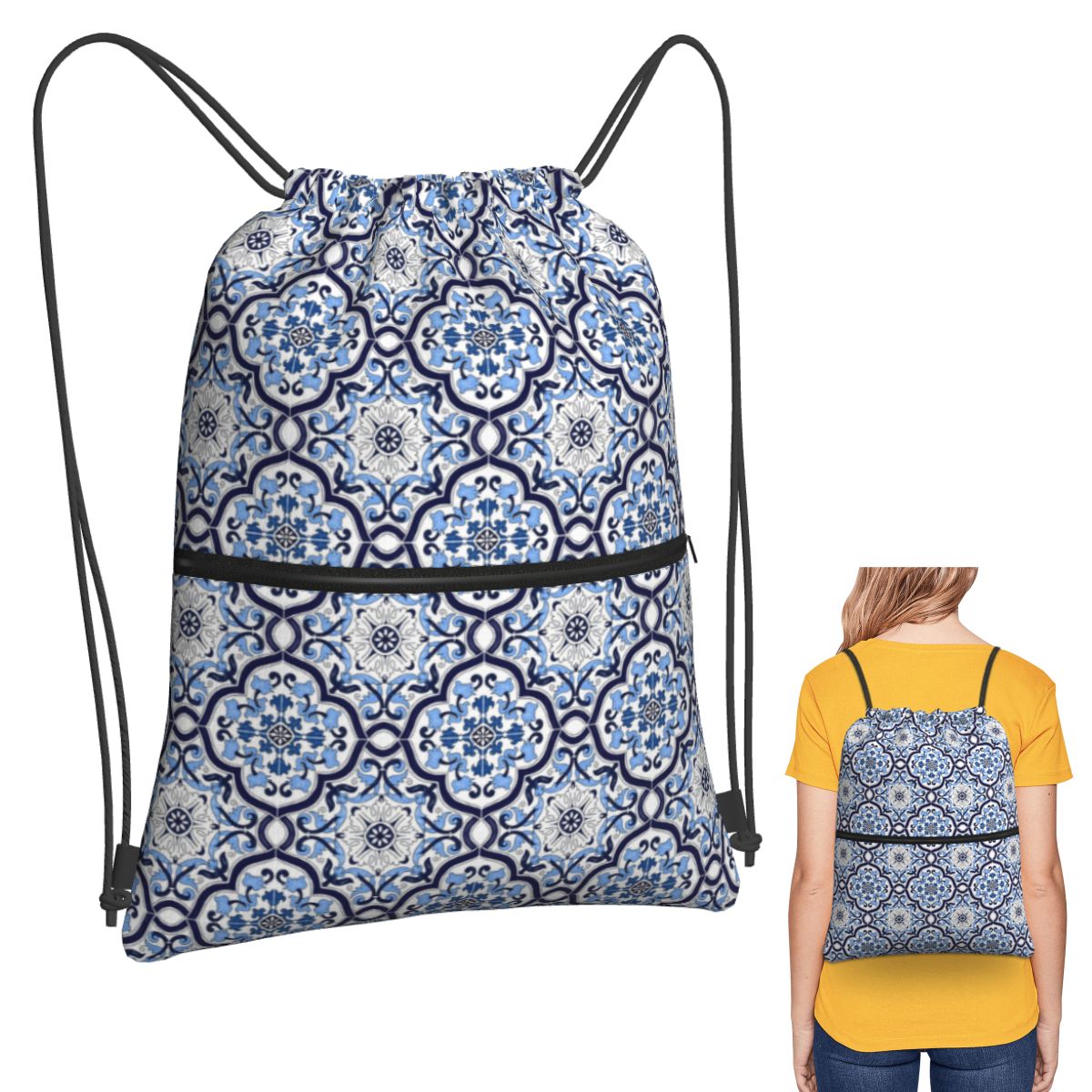 Blue Ornate Floral Mediterrane - Tile Bag Drawstring recensione e prezzo