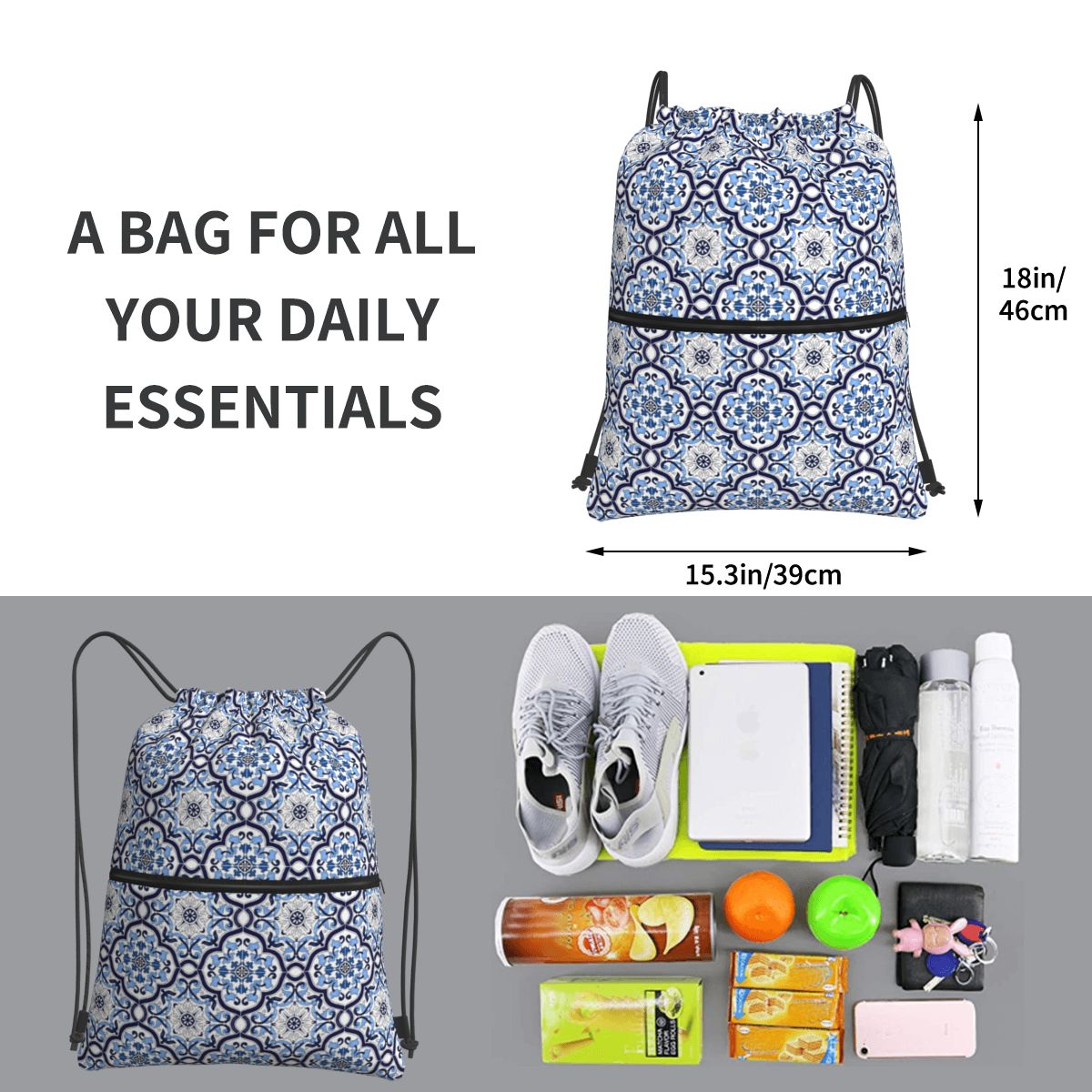 Blue Ornate Floral Mediterrane - Tile Bag Drawstring recensione e prezzo