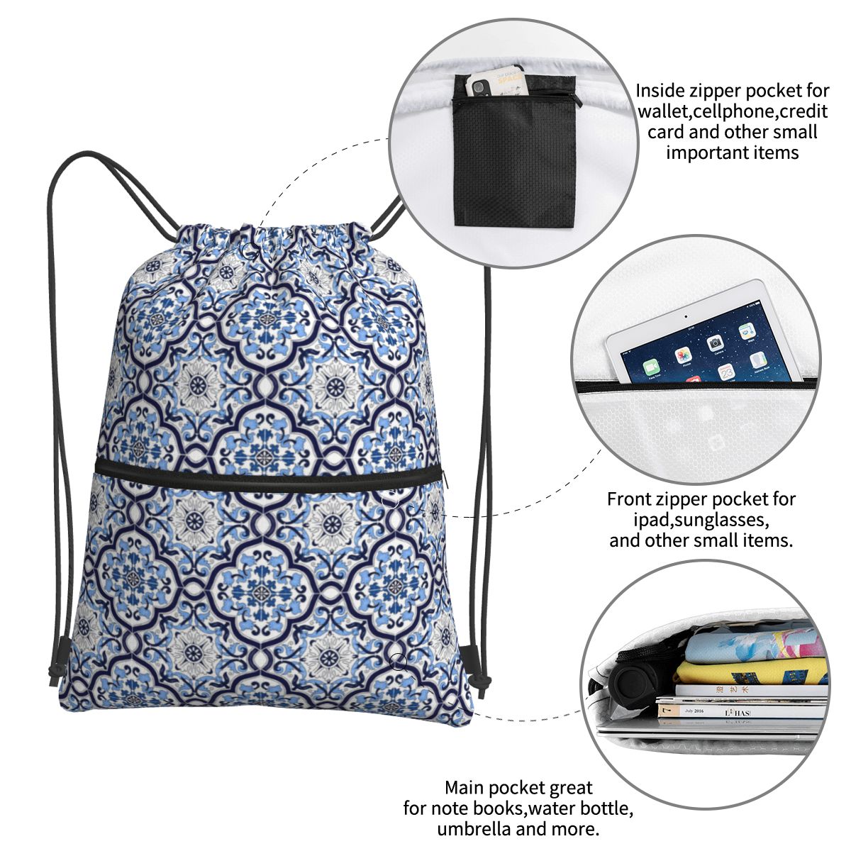Blue Ornate Floral Mediterrane - Tile Bag Drawstring recensione e prezzo