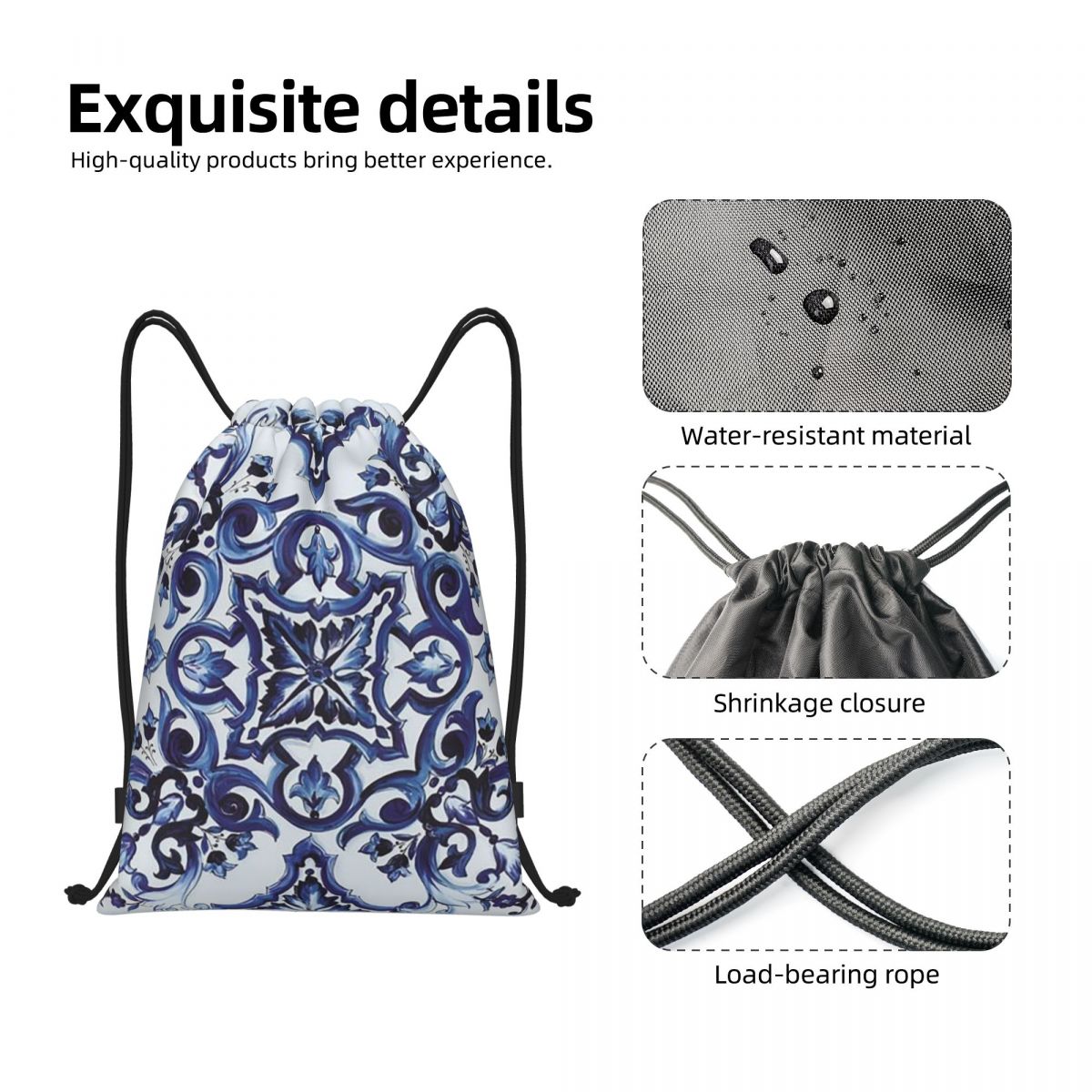 Blue Ornate Floral Mediterrane - Tile Bag Drawstring recensione e prezzo