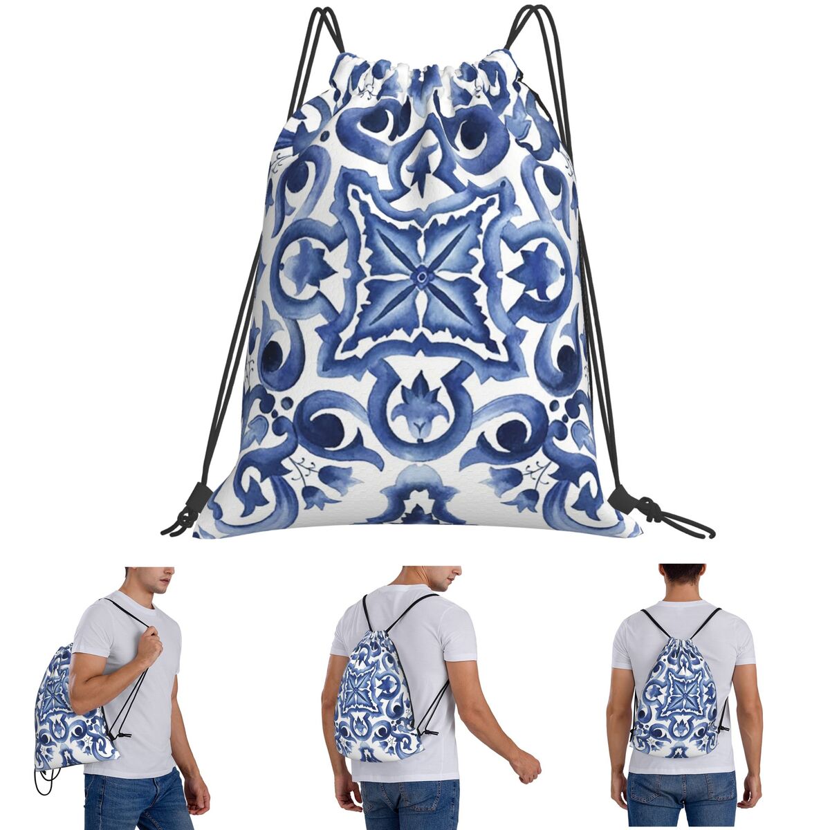 Blue Ornate Floral Mediterrane - Tile Bag Drawstring recensione e prezzo