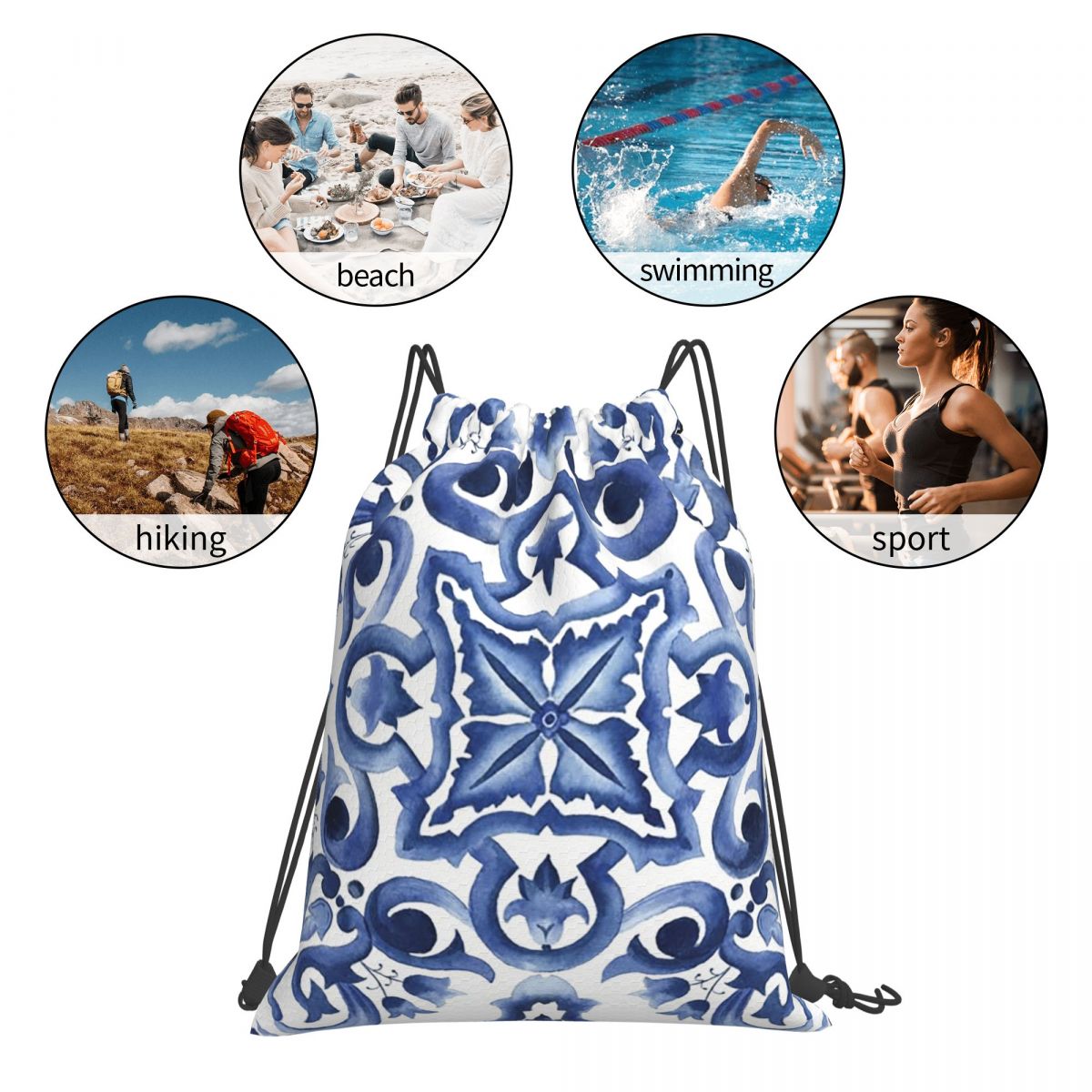 Blue Ornate Floral Mediterrane - Tile Bag Drawstring recensione e prezzo