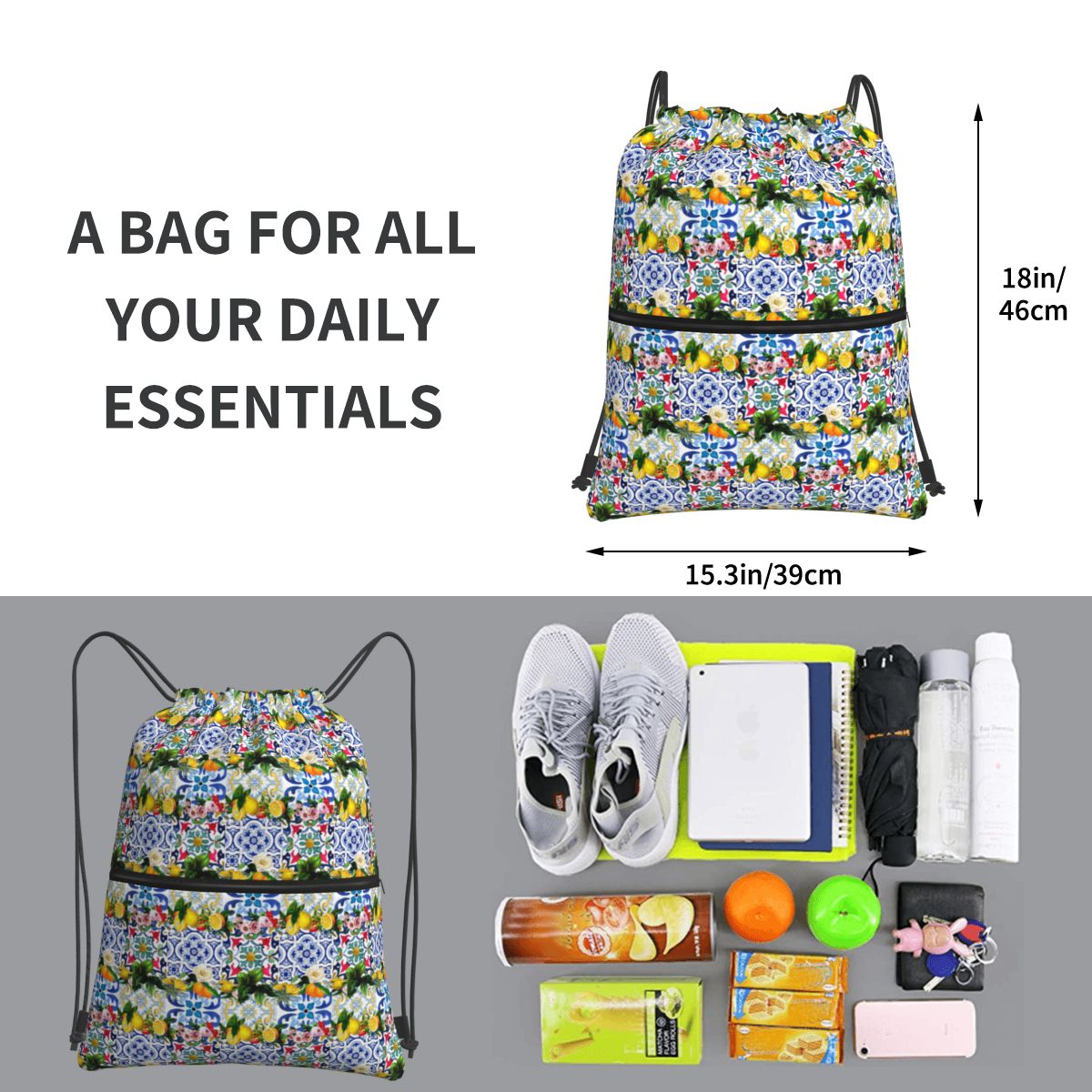Sicilian Tiles,mediterranean,m - Tile Bag Drawstring recensione e prezzo